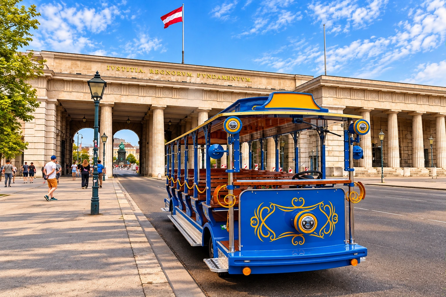 Golden Train Vienna sightseeing train in front of the Äußeres Burgtor at Heldenplatz